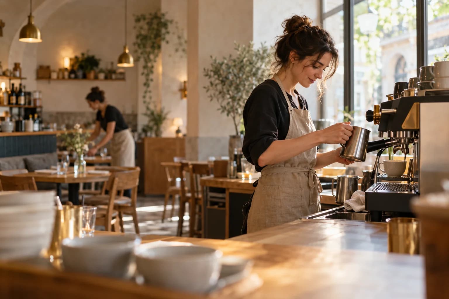 Baristka připravuje kávu, zatímco její kolegyně chystá kavárnu pro hosty